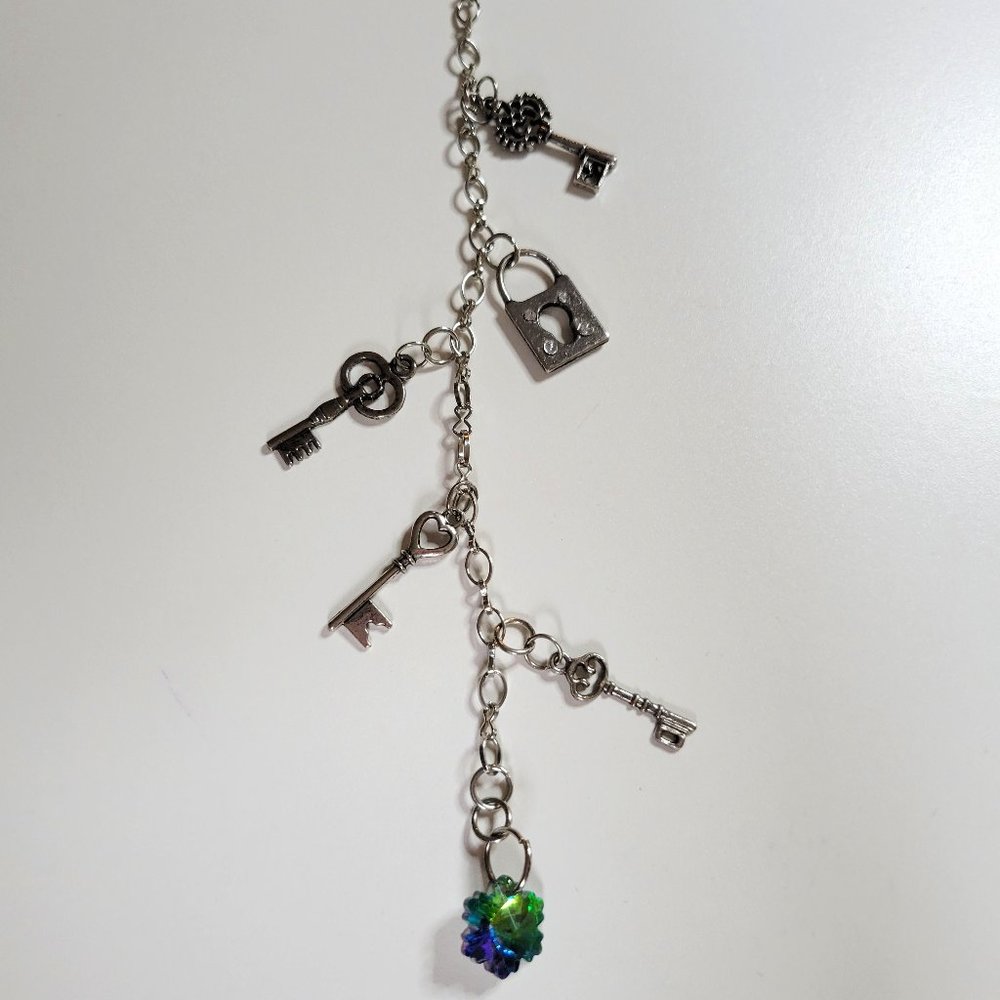 Scarf or Necklace Jewelry, with Northern Light Crystal, Silver lock and keys